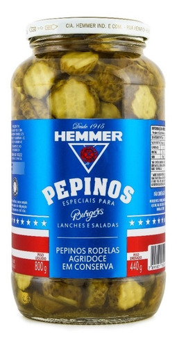 Kit 6 Pepinos Em Rodelas Agridoce Para Burgers 800g Hemmer