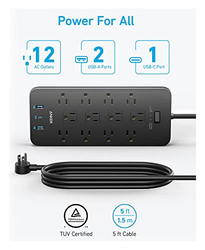 Regleta De Alimentacion 12 Tomas 3 Puertos Usb Color Negro