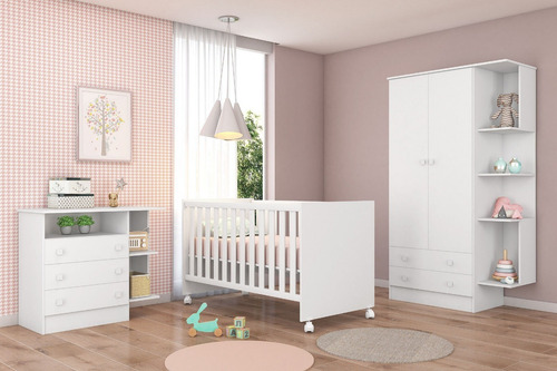 Jogo De Quarto Doce Sonho 3 Peças Berço Cômoda Armário Qmovi