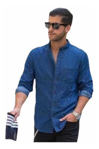 Camisa Jeans Hombre Azul Doble Bolsillo 100% Algodón