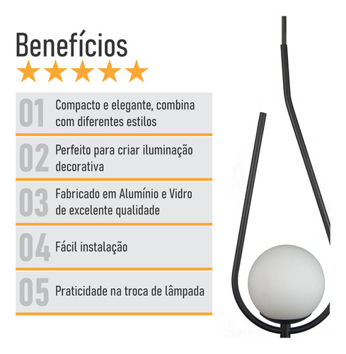 Lustre Pendente On Drop Com Globo De Vidro Estrutura Preto/ Vidro Branco