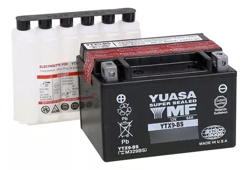 YUASA YTX9-BS. Bateria moto 12V 8,4 Ah recargable con fuerza de arranque  135A (-18ºC) con caja original, perfecta para para motos, scooters,  vehículos deportivos, incluye electrolito, tornillos e instrucciones