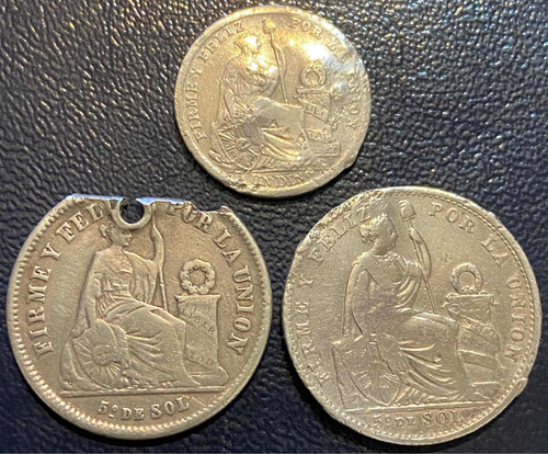 Moneda Peru. 2 De 1/5 De Sol Y 1 Un Dino. Año 1865-1907-1906