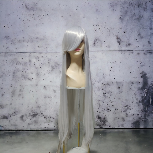 Peluca Gris Claro Larga Lisa Con Fleco Cosplay Kanekalon L.1 Tamaño De La Base Unitalla