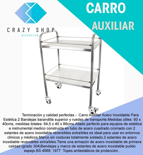 Imagen 2 de 3 de Carro Auxiliar 2 Bandejas Acero Inox Mesa Medica Estética