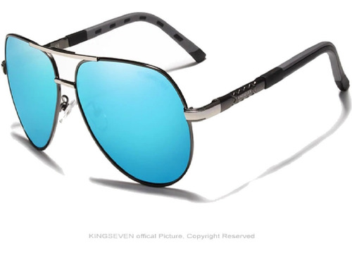 Óculos de sol polarizados Kingseven Sol K725 10, design Mirror, cor azul-turquesa armação de alumínio cor cinza, lente azul de policarbonato espelhada, haste cinza/preto de alumínio/silicone com cordão azul-turquesa - K725