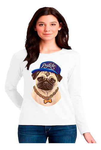 Polera Manga Larga 100% Algodón Perrito Pug Life Gorra C-396