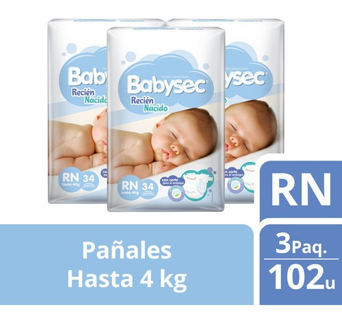 3 Paquetes Pañales Babysec Recien Nacido 102 Un