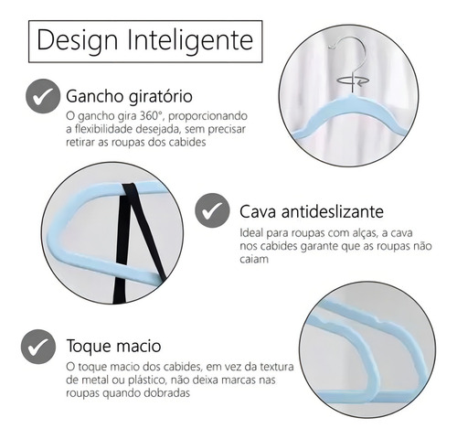 10 Cabides De Veludo Finos Infantil Azul Antideslizante Slim Azul