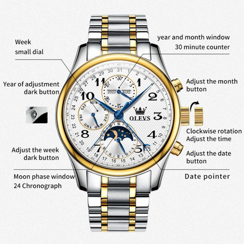 Olevs Reloj Cronógrafo Mecánico Con Fase Lunar Para Hombre Color De La Correa Stainless/silver Gold