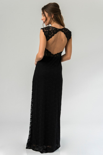 Vestido Largo Fiesta Negro Clasico Espalda Al Aire Manguitas
