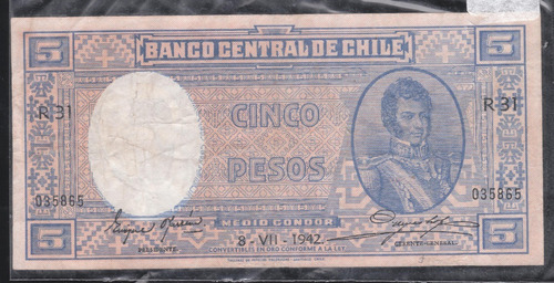 Billete De Chile  Cinco Pesos Medio Condor 1942 Fechado