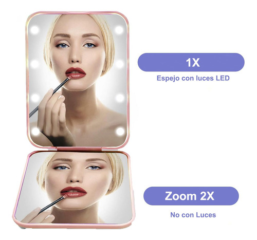 Espejo De Bolsillo, 1x/2x Aumento Led Espejo Compacto,