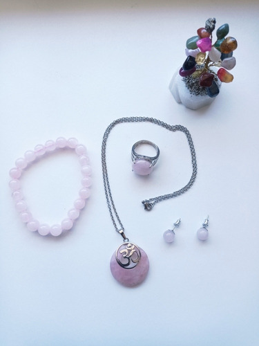 Conjunto Collar Pulsera Anillo Aretes Cuarzo Rosado Mujer