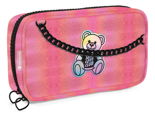 Cartuchera Organizador Wide Holografica Self Love Club Osito Color Rosa Glitter