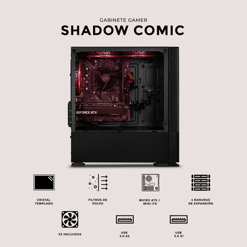 Gabinete Gamer Xtreme Pc Gaming Shadow Comic Edition Mini Torre Micro Atx 3 Fan Argb Mesh Cristal Templado