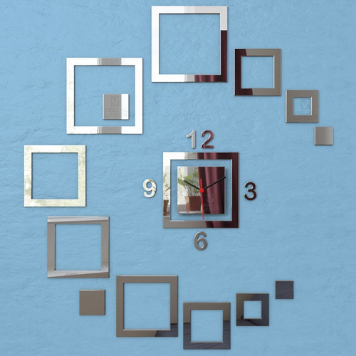 Imagem 8 de 9 de Relógio Parede Espelho Acrílico Quadrados Sala Quarto