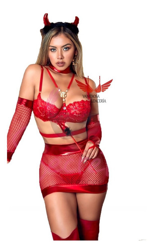 Imagen 1 de 3 de Lencería Disfraz De Diablita Falda Red + Regalo