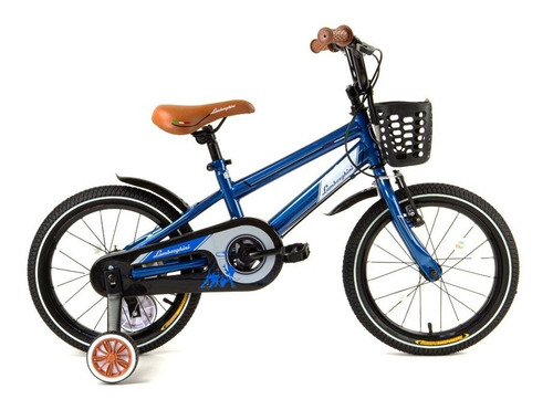 Bicicleta paseo infantil Dencar Lamborghini 7155  2024 R16 frenos v-brakes color azul con ruedas de entrenamiento  