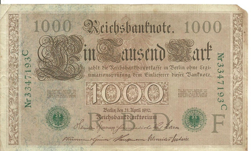 Alemania: Billete 1000 Marcos 1910 Serie  C  Sello Verde