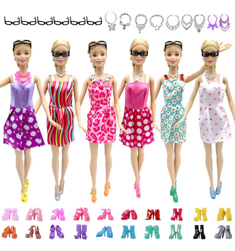 32 Piezas De Accesorios Para Muñecas, Ropa De Barbie, 10x Vestidos Lindos Mezclados, 10x Zapatos, 4x Gafas, 6x Collares, 2x Varitas