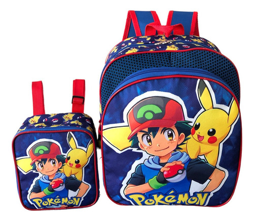 Mochila Escolar Pokemon Pikachu Costas G Meninos  Lancheira Cor Azul Desenho Do Tecido Personagem