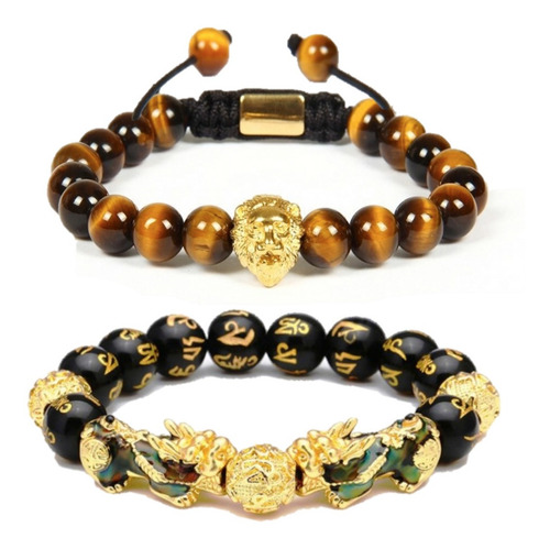 Kit 2 Pulseiras Feng Shui Pedras Obsidianas + Olho De Tigre