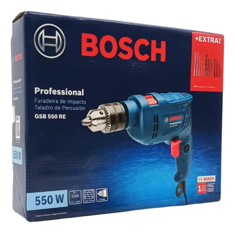 Furadeira e Parafusadeira de Impacto Elétrica Bosch GSB 550 RE 550W 220V 06011B60E4000