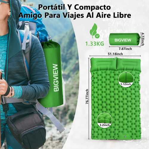 Colchoneta Inflable Matrimonial Camping Mat Inflable Acampar Color Verde Bigview Tapones Para Los Oídos y Máscaras Para Los Ojos Con Aislamiento De Ruido Gratuitos