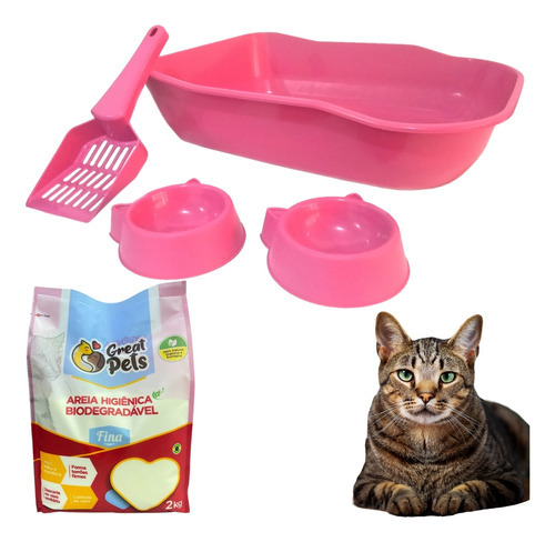 Arenero de baño, pala para gatos y arena fina para gatos, 2 kg, color rosa