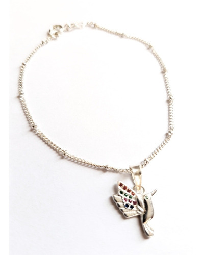 Pulsera Plata Y Dije Colibrí Plata 925 Con Multicristales