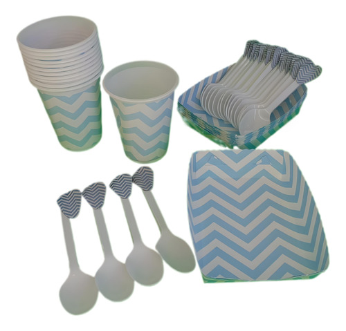 Kit Deco Vasos+bandejas+cubiertos Chevron Azul Claro 36 Inv 