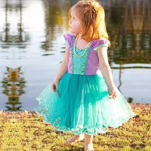 Vestido Infantil Princesa Ariel Lilás E Tule Verde Pérolas