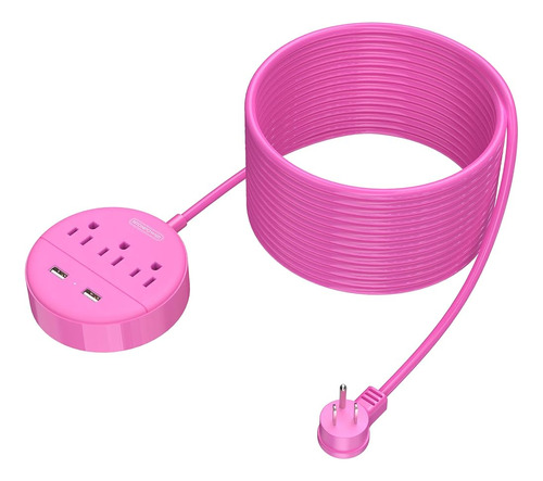 Cable De Extensión Rosa De 25 Pies, Regleta De Enchufe Plano