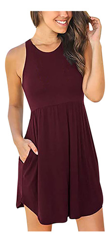 Vestido Casual Sin Mangas Con Bolsillos Lisos Para Mujer A L