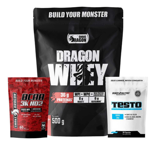Kit Dragon Whey Protein + Bcaa 3k No2 + Testo Sabor Baunilha do Tahiti