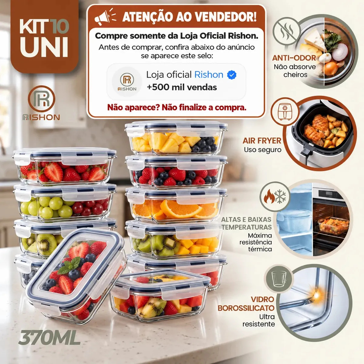 Kit 10 Pote De Vidro Marmita Hermético 370ml Freezer Fitness Rishon