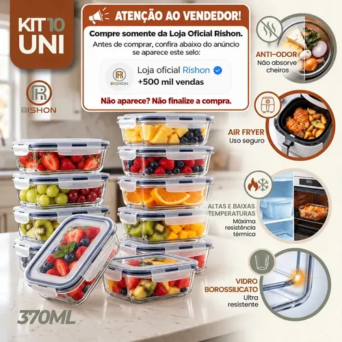Kit 10 Pote De Vidro Marmita Hermético 370ml Freezer Fitness Rishon