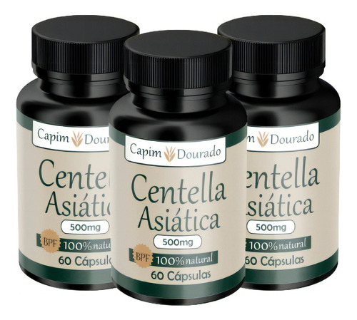 Centella Asiática 100% Pura Kit Com 3 Potes 180 Cápsulas Sabor Sem Sabor