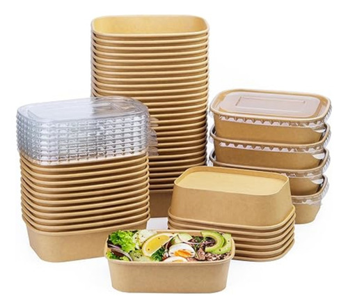 50 Bowls Biodegradables Rectangular 500ml Con Tapa