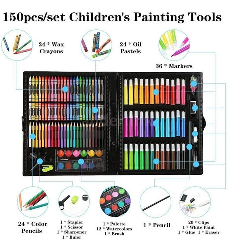 Imagen 6 de 10 de Valija Set Arte Escolar Maletin Didáctico 150 Piezas