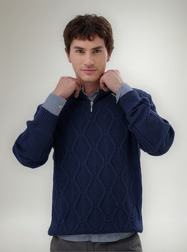 Sweater Cierre Hombre Cuello Rombo Lana Merino Art 805