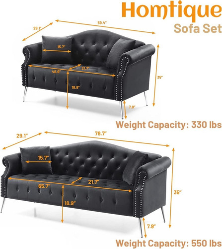 Juego De 2 Sofas Modernos Biplaza Color Negro Marca Homtique