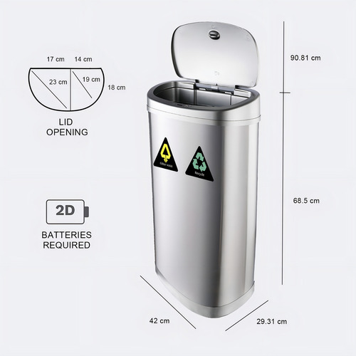Cesto Tacho De Basura Automatico Eco Reciclaje Doble 50 Lts Color Acero Inoxidable