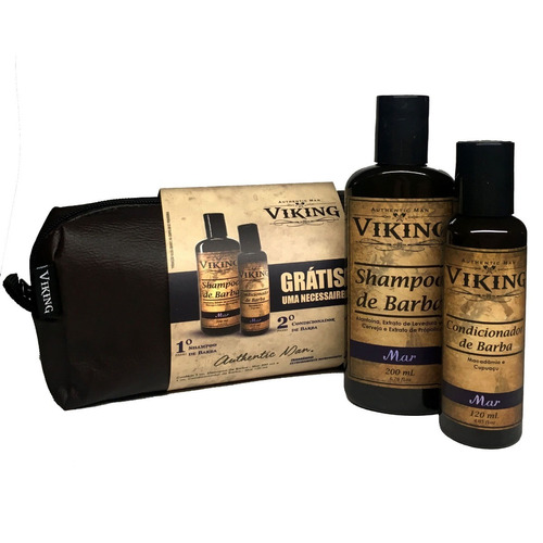 Kit Para Barba Com Necessaire Exclusiva + Shampoo 200ml Limpa E Perfuma + Condicionador 120ml Hidrata - Mar - Viking