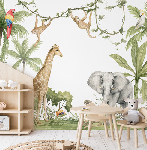 Mural Pared Selva Jungla Animales Elefante Jirafa Mui94