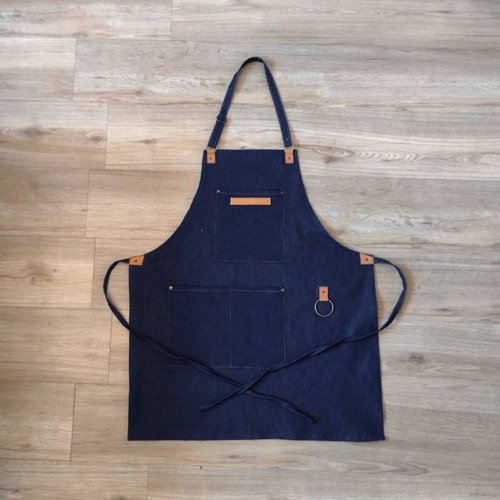 Imagen 5 de 6 de Delantal Denim Jean Y Cuero Con Porta Repasador Bolsillos