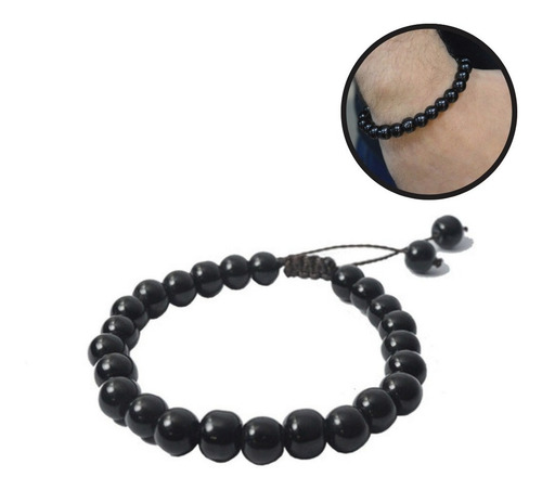 Pulseira De Bolinha Pedra Ônix 8mm Brilhante Regulável Diâmetro 18 Cm