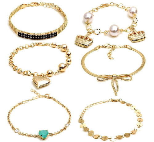 Kit Com 5 Pulseiras Femininas Folheadas A Ouro 18 K