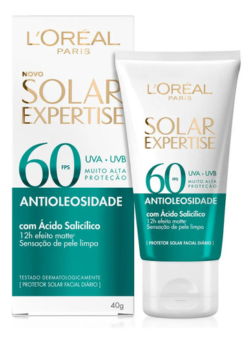 Protetor Solar Facial Antioleosidade Fps60, Controle De Oleosidade Por 12h, Efeito Matte Sem Cor, Solar Expertise L'oreal Paris, 40g
